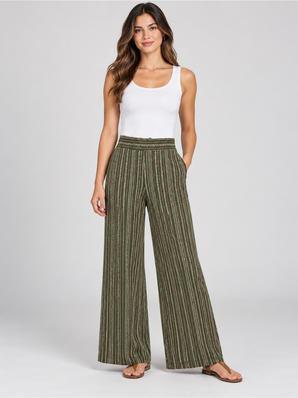 Three Dots Olive Striped Wide-Leg Pull-On Pants